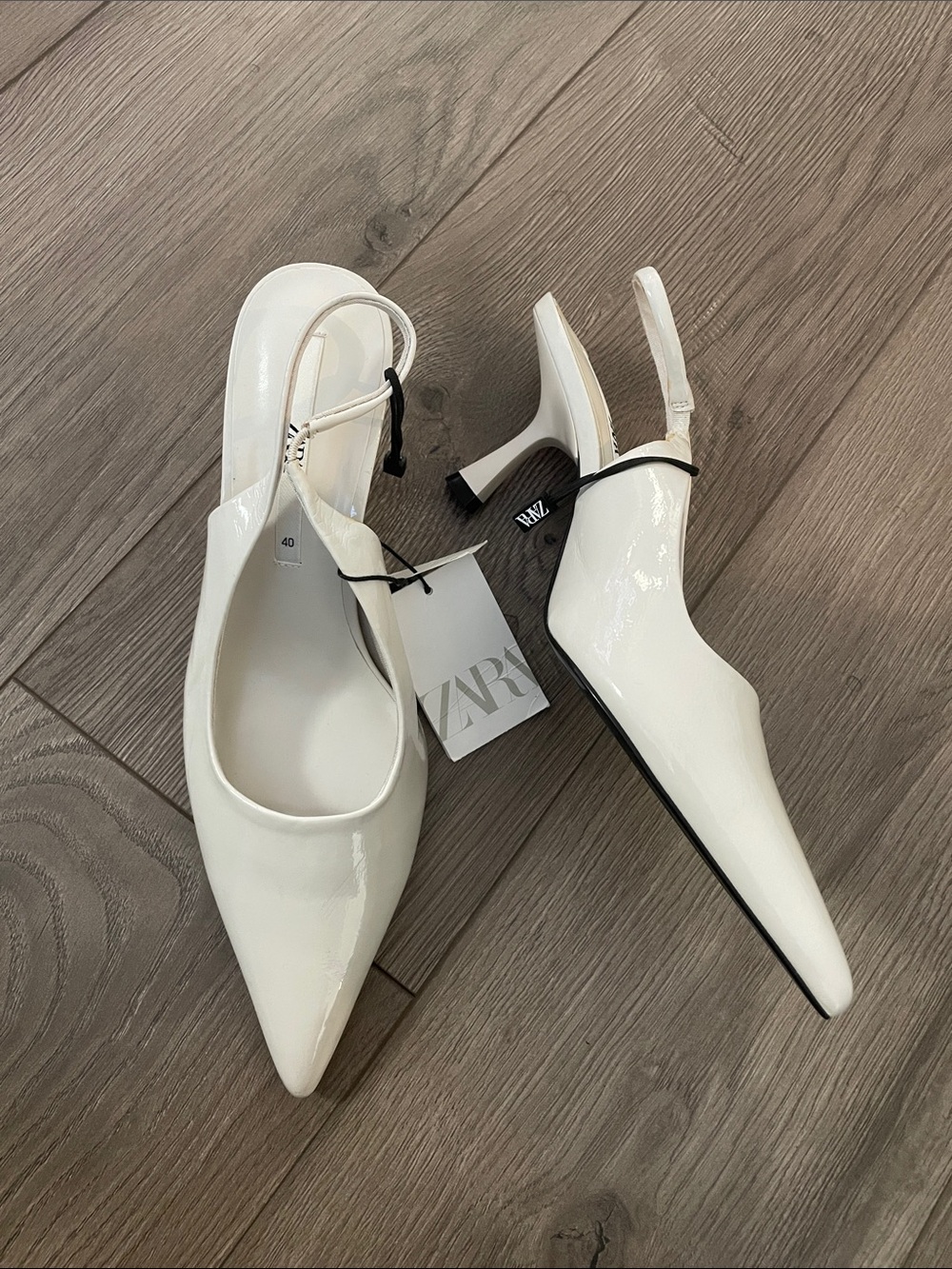 Zara White Patent Pointed Slingback Heels Sz:9 NWT
